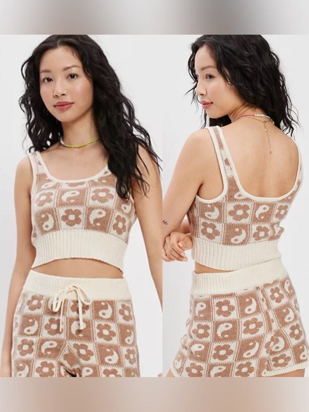 American Eagle Outfitters Floral Yin Yang Knit Cropped Tank - Cream & Tan